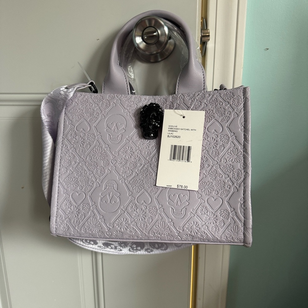 Betsey Johnson Embroidered Skull Satchel Handbag in Light Lavender